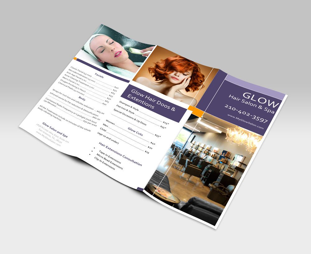 Tri-fold Brochure Graphic Design for Glow Salon and Spa